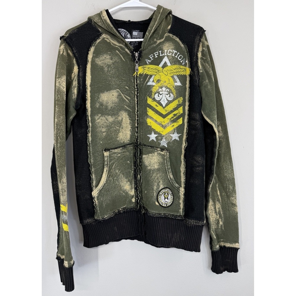Affliction American Customs Hoodie Sweater Full Zip Large Distressed